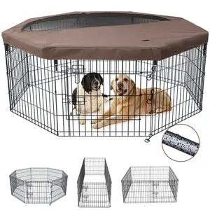 Foldable Metal Dog Exercise Playpen Gate Pet Fence Dog Crate 8 Panels 30 / 36 Inch Height Puppy Kennels with Top Cover / Bottom Pad for Animals Outdoor Indoor