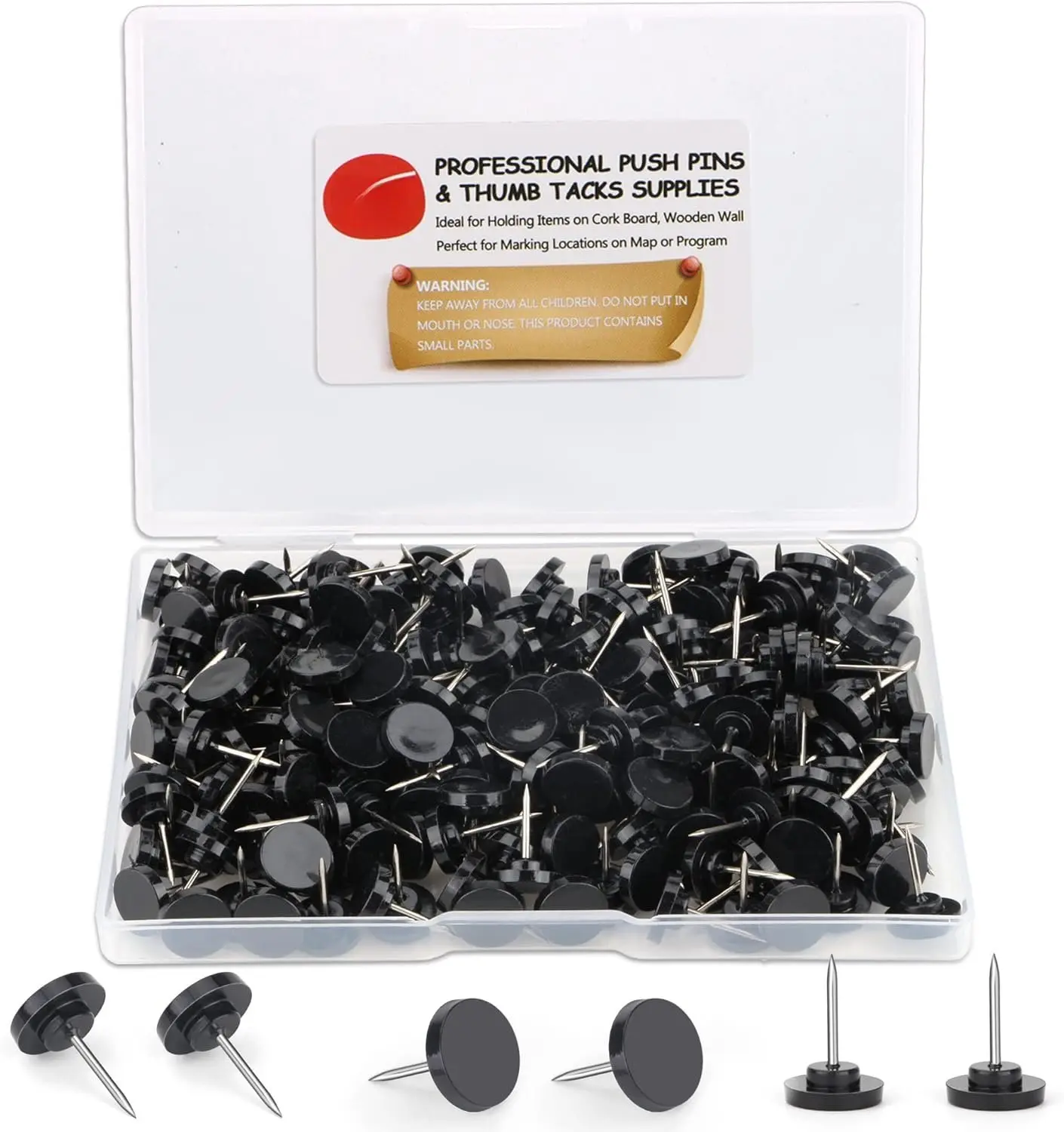 Black Push Pins, 200-Count Stainless Steel Point Plastic Thumb Tacks for Corkboard, Wooden Photo Wall, Classroom Shadow Box, Storage Box Bedding Accessories