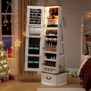 FREDEES 360°Swivel jewelry organizer with Full Length Mirror with Lights,Jewelry Armoire Cabinet Standing with Drawers,Large Mirror Storage for Jewelry and Makeup,Best Gift for Mom,Wife & Girls
