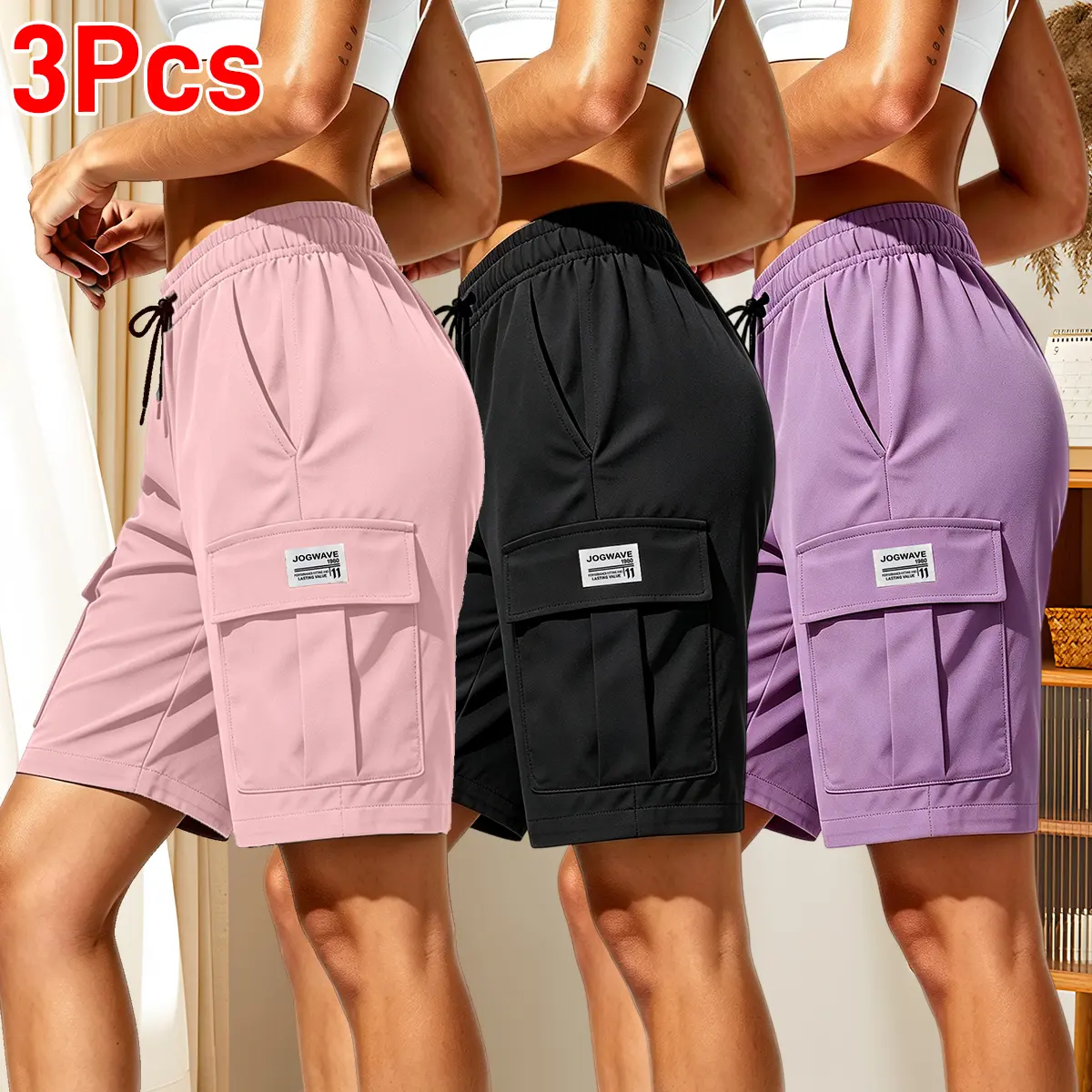 Pack of 3 women’s outdoor cargo shorts—breathable, quick-drying, multi-pocket design, solid color, drawstring elastic waistband; suitable for outdoor sports and casual wear; summer shorts, women’s shorts. women cargo short