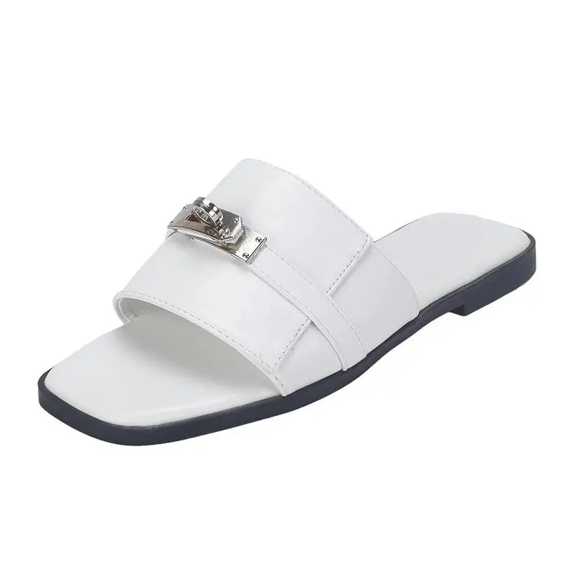 French Retro Genuine Leather Lock Buckle One-Strap Sandals for Women Summer Outdoor Internet Celebrity Fashion Flat Beach Sandals Footwear Shoe platform sandals