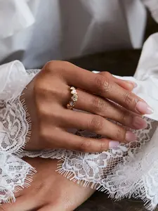 Ladies Ring Heart Shaped White Zircon Geometric Wave Stainless Steel 18k Gold Plated Waterproof Anti Allergy Classic Sweet Romantic Engagement Art Perfect Jewelry Heart Cluster Ring