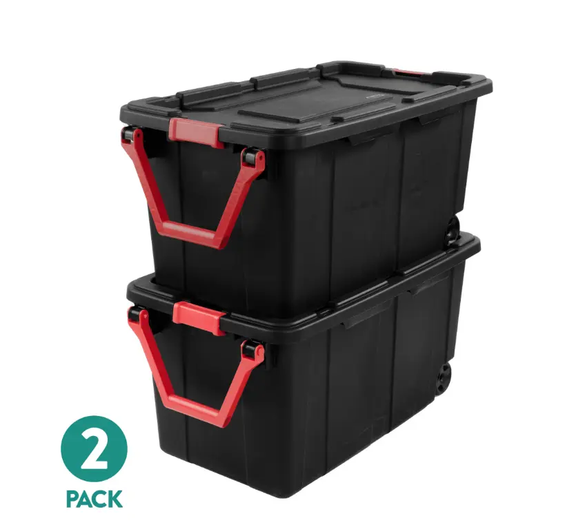 2-Pack Black Storage Totes with Red Handles Durable Plastic Containers for Home Organization