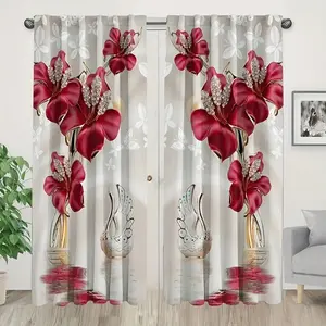 Swan Floral Print Curtains Set of 2, Fashionable Rod Pocket Window Drapes for Bedroom and Living Room, Comfortable Atmosphere, Easy Installation