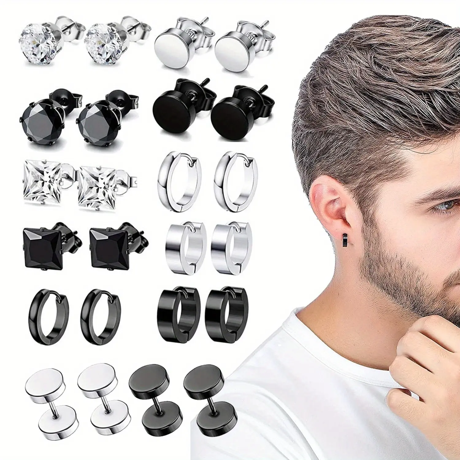 12 pairs hypoallergenic earring set, stainless steel flat back earrings, unisex, Trendy Accessories Creative Gift