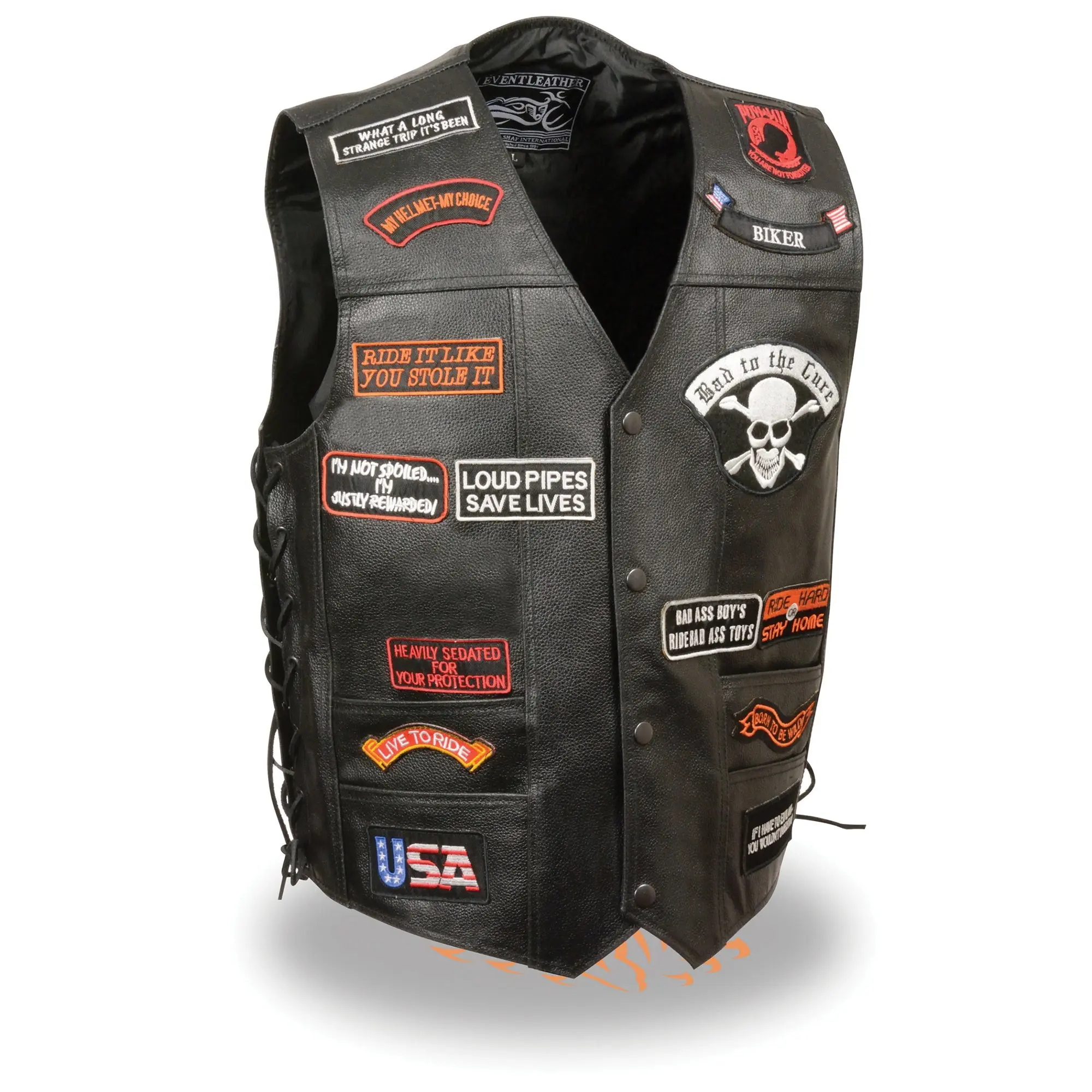 HighwayLeather Men's Pre-Patched Leather Vest - Sleeveless Classic Biker Style Menswear with Side Laces, 4 Pockets, and Snap Closure, Patches, Abrasion Res., Biker Look, Cowboy, T-Shirt, Satin