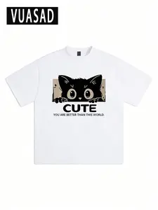 American Style Simple Cartoon Cat Short Sleeve T-Shirt for Men, Heavy Cotton Loose Fit Oversized Streetwear Top, Casual Long Tee