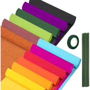 12 Colors Crepe Paper Rolls, 10 x 98Inch Wide Crepe Paper Sheets with Floral Stem Wire and Green Floral Tapes for DIY  Wrapping Paper Crafts Birthday Wedding Holiday Paper Flower(Deep Colors)