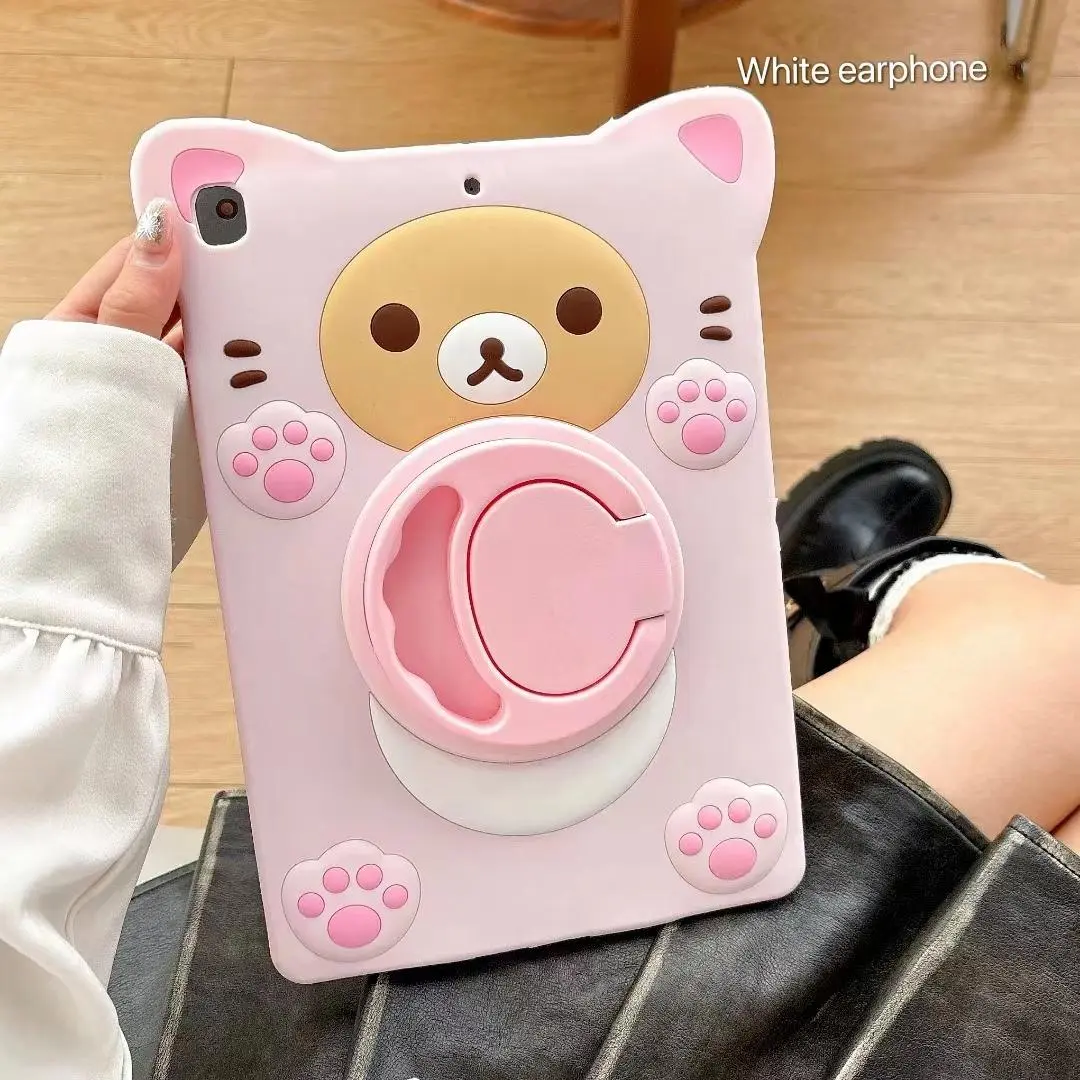 Kawaii 3D Cute Pink Cartoon Bear Soft Silicone Tablet Case with Stand, Tablet Accessories, Covers for iPad Pro 9.7/10.5/11, Air 5/4/3/2/10.9, 10.2 (2020/2021/2022)
