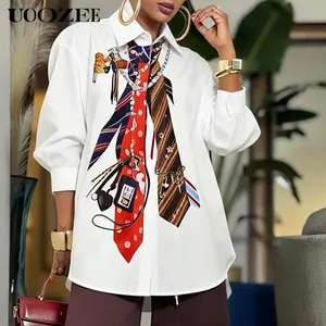 UOOZEE Women's 2026 Chic Tie-Print 100% Polyester Button-Down Shirt - 3/4 Sleeve Oversized Blouse, Adjustable Elastic Casual Loose-Fit Graphic Lapel Top for Street Style & Workwear, Pairable with Tank Top & Blazer,summervibes