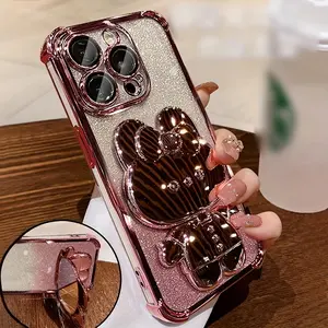 Cute phone case Luxury Shockproof Protective Case with Hidden Rabbit Makeup Mirror Mobile Phone Holder - Romantic and Cute Aesthetic Design, Suitable for iPhone 17/16/15/14/13/12/11 Pro Max/Plus,for Girl's birthday gift and Valentine's Day Birthday