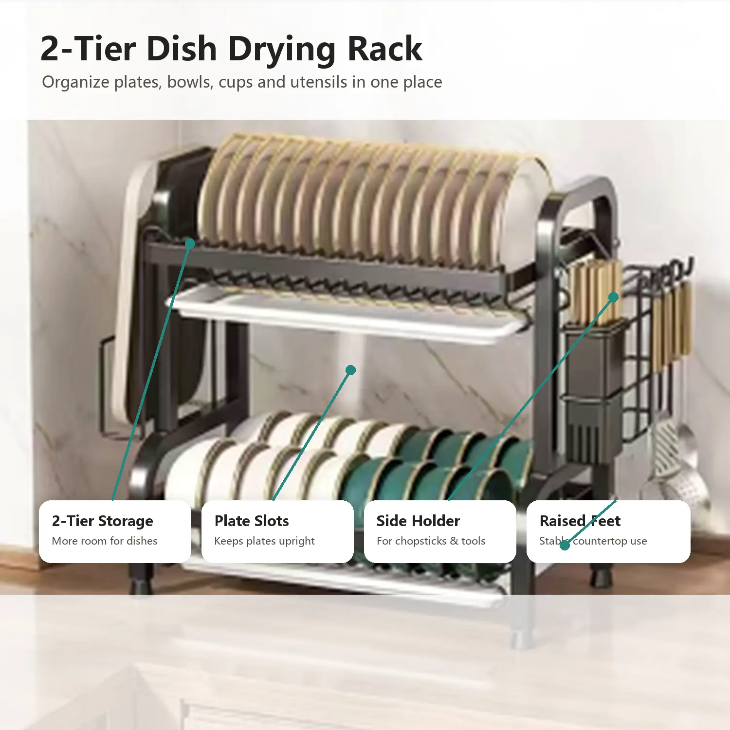 2-Tier Dish Drying Rack with Utensil Holder, Countertop Plate and Bowl Organizer