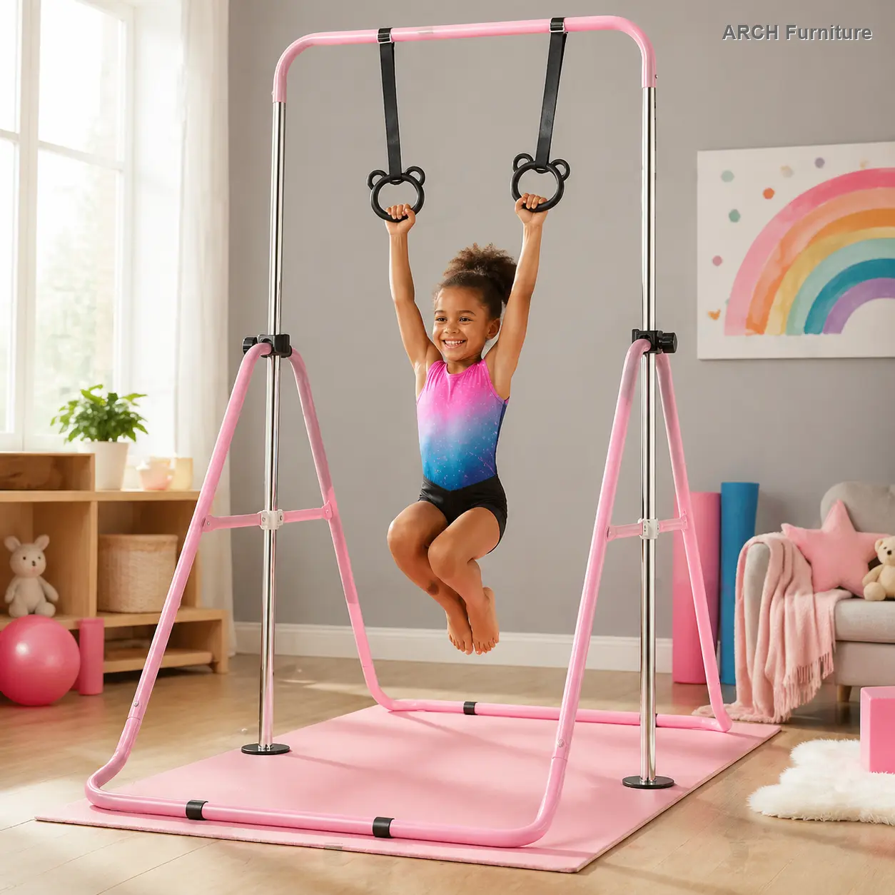 ARCH Pink Adjustable-Height Children's Horizontal Gymnastics Bar with Bear Rings, Sturdy Steel Frame Gymnastics Equipment for Young Athletes' Indoor Home Gym/Playroom, Easy Assembly, Indoor Use