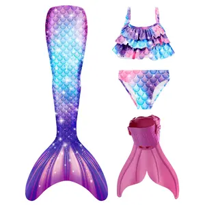 Girls' 3-Piece Mermaid Bikini Swimsuit - Sporty Swimming Wear, Relaxed Fit, Bright Colors, Sparkle Scales, Stretchy Fabric, Cover-Up Skirt, Princess Summer Beach Bathing Suit (FENFEN-M25)