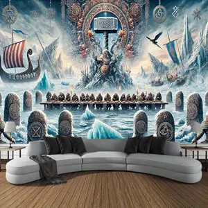 1pc Oversized Viking Tapestry - Norse Longhall Gathering with Ships, Hammer Mjolnir & Throne - Large Wall Hanging Decor for Living Room, Bedroom, Parties - Wedding, Birthday, Viking-Themed Decorations - Easy Hang Installation - Durable Polyester Fabric -