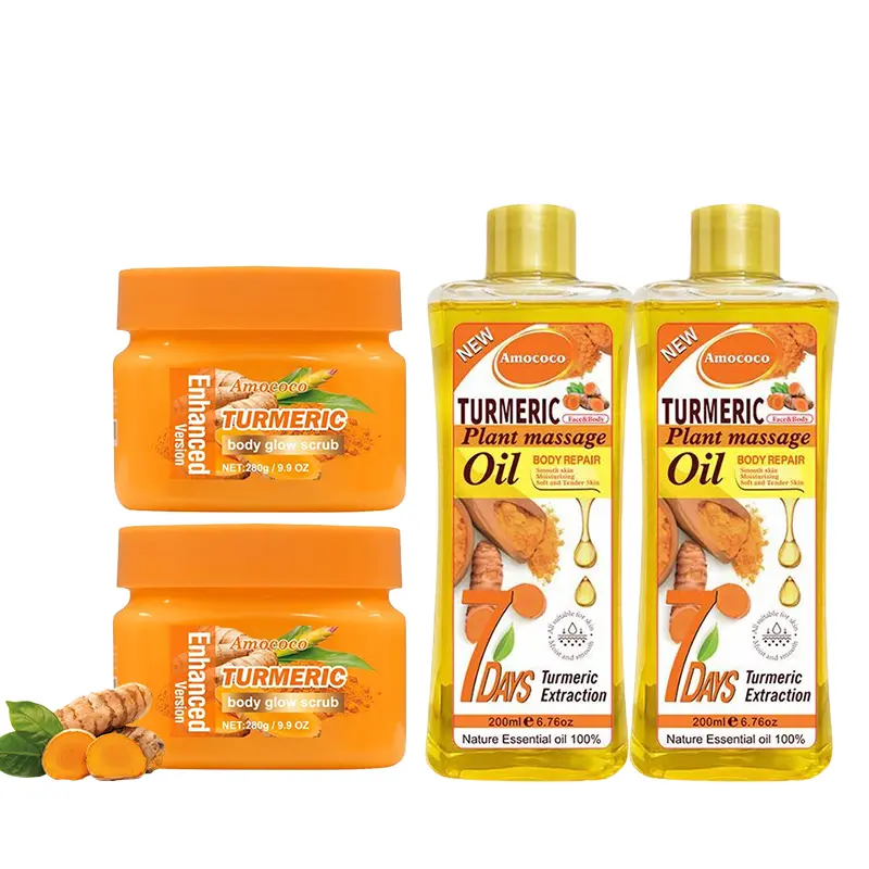 Turmeric Massage Oil and Turmeric Scrub 2-Piece Set for cleansing, moisturizing, skin cassage. Cosmetiare, and mcs are comfortable, gentle, and nourishing.