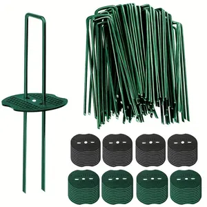 50/100pcs(10/15.1cm）Green Lawn Sign Set, U-shaped Garden Stake with Washer, 6 Inch Heavy Duty Stainless Steel Floor Spike, Rust-proof Landscape Tent Stake for Fixing Lawn and Fabric, for Fixing Weed Barrier, Turf and Irrigation - Durable Metal Yard
