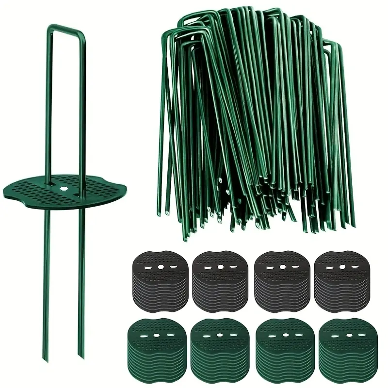 Green Lawn Sign Garden Stakes Set with Metal Poles - 50/100pcs U-shaped Rust-proof Stainless Steel Spikes (10/15.1cm), 6-in Heavy Duty Washer-equipped Outdoor Floor Stakes for Turf Support, Weed Barriers, Fix Irrigation Systems (No Redundancies)