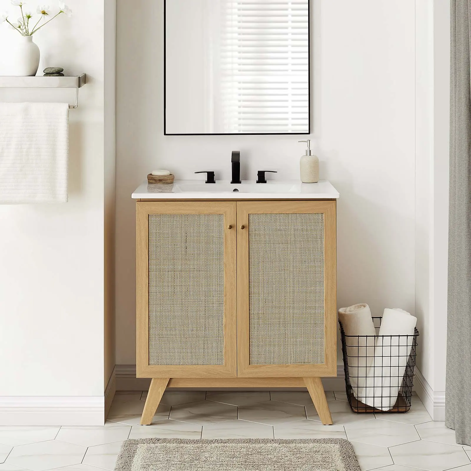 Modway Soma 30” Modern Oak Finish Bathroom Vanity Cabinet - Adjustable Wood Storage Cabinet, Space-Saving, 200 lbs Capacity, for Powder Room, Sink Basin Not Included