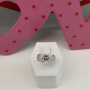 (R26) Silver Ring with Pink Center Diamond for Women