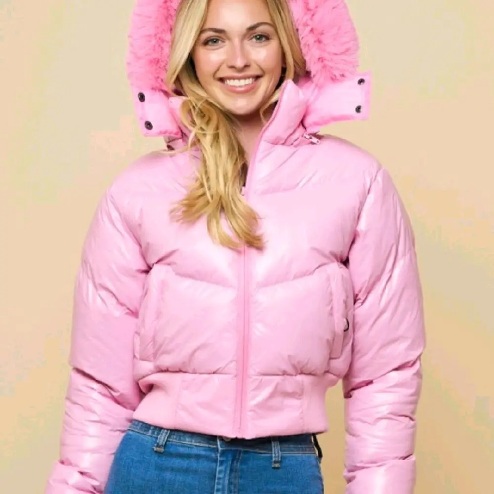Pink Puffer Jacket with Faux Fur Hood - Women's Winter Coat for Cold Weather