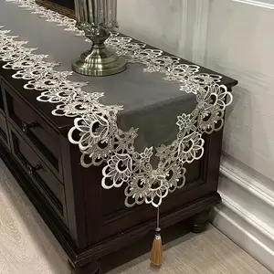 Polyester Lace Edge Table Runner - Rectangular Woven Fabric Tablecloth, European Inspired Home Decor Cloth, 1-Piece Scarf for TV Stands, Coffee Dressers
