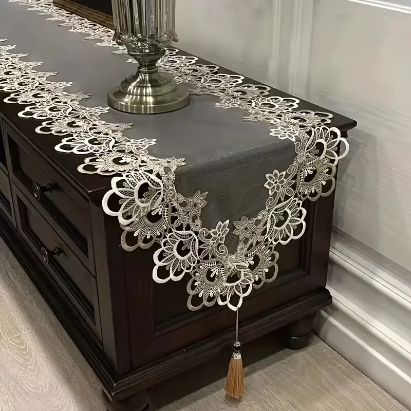 Polyester Lace Edge Table Runner - 1-Piece Rectangular Woven Fabric Tablecloth, European-Inspired Home Decor Cloth for TV Stands, Coffee Dressers, Tablecloth Rectangular, One-Piece