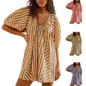 UANEO Womens Striped Romper Casual Loose Puff Sleeve Wide Leg Jumpsuit Overall with Pockets