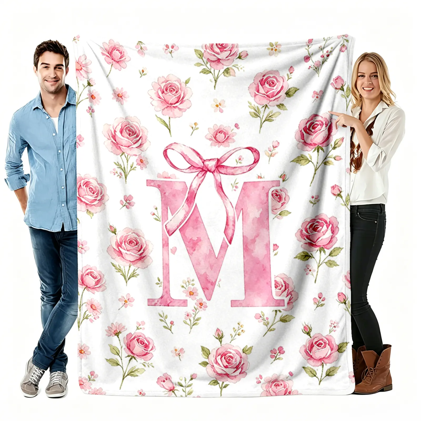 Watercolor Rose Initial Flannel Throw Blanket - Pink Floral Bow Letter Pattern, Soft Warm All Season Blanket for Couch, Personalized A-Z Gift for Her, Christmas Birthday Present