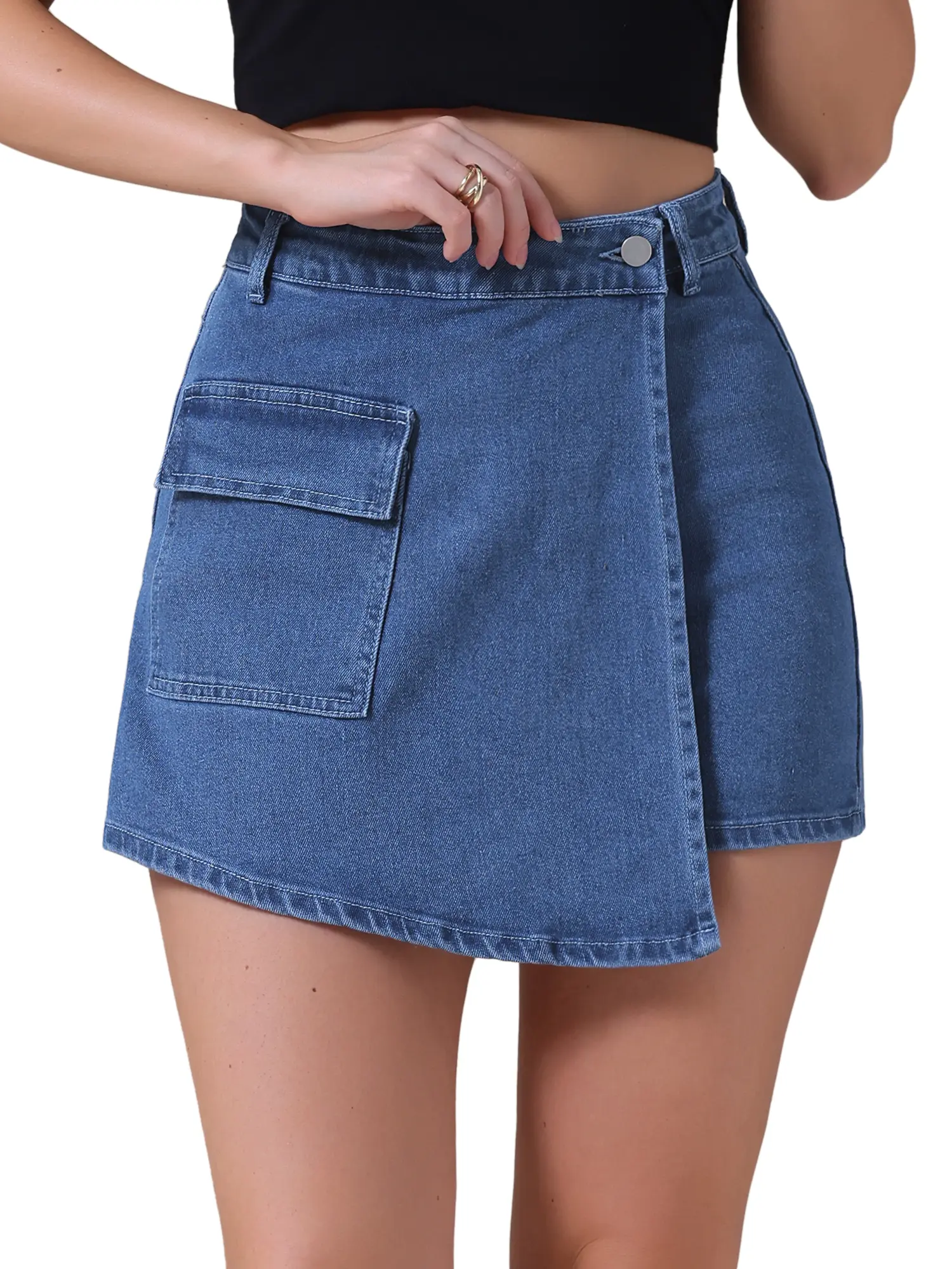 INSPIRE CHIC Women's Denim Cargo Faux Wrap Skirts High Waisted Country Concert Jean Skort Mini Shorts