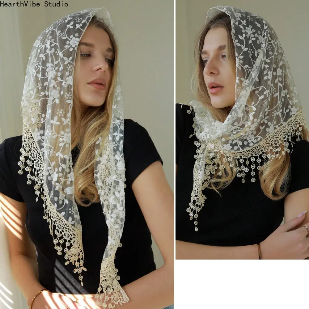 Vintage Embroidered Fashion Headscarf - Soft Sheer Mesh Veil, Lace Shawl with Tassels, Infinity Sports Headband for Catholic Mass & Prayer