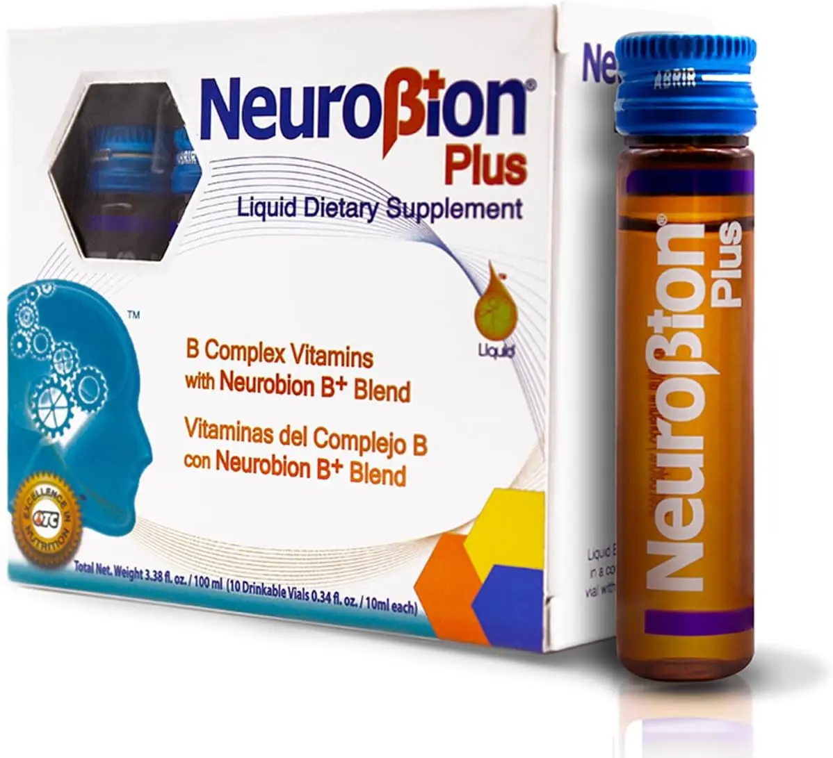 Neurobion Plus B-Complex Vitamin Liquid Daily OTC Pharmaceuticals - 10-Vial Multi-Pack, B-Vitamins Blend, 3.38 fl oz (100ml), 18-Month Shelf Life, Brain Nutrition Supplement, Energy and Focus Booster, Metabolism Support