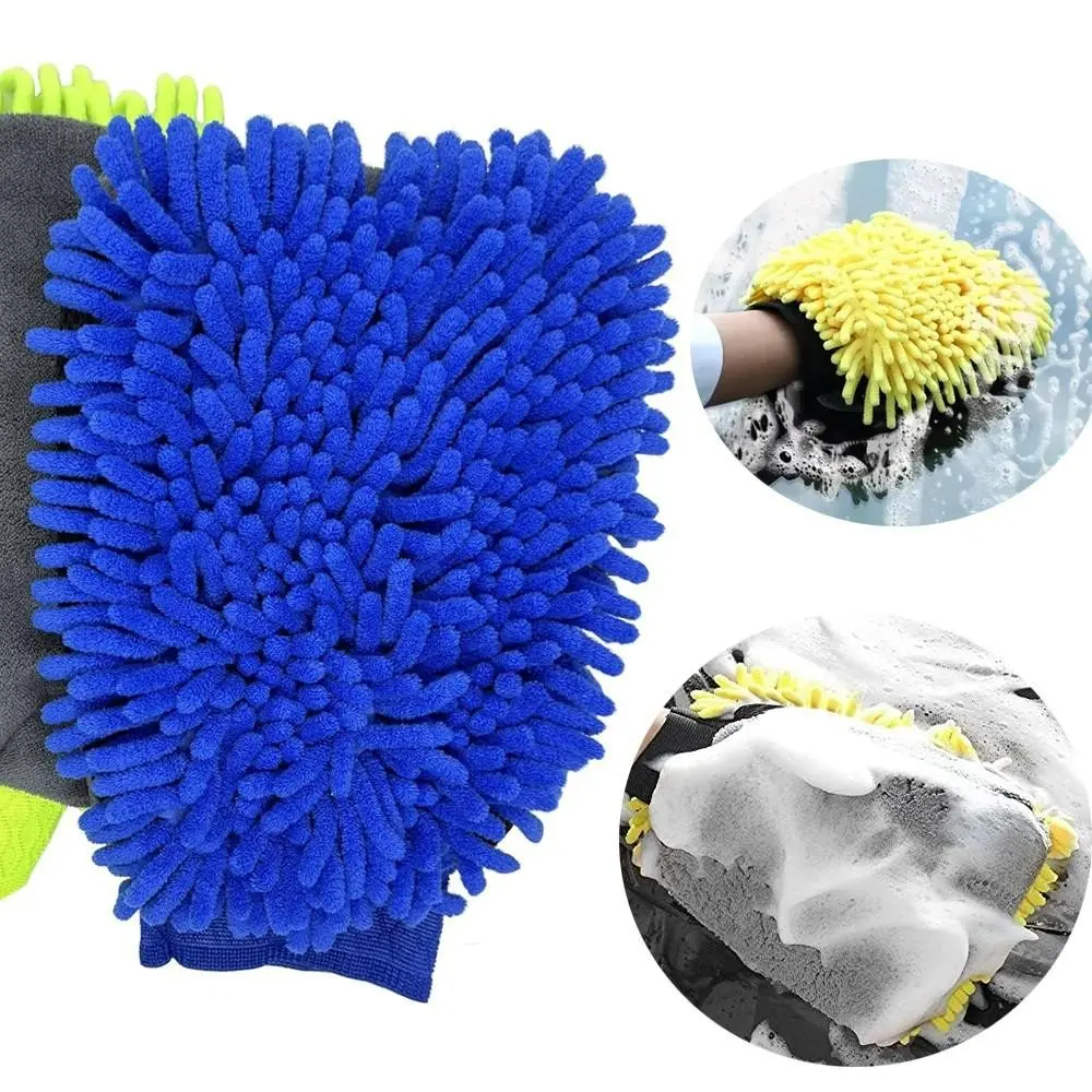 Car Wash Mitt Microfiber 2-PK, Scratch-Free & Lint-Free, Premium Chenille & Coral Fleece Double Sided, Waterproof Interior, Perfect for Car Washing & Detailing, 10.25" x 7.5", Green & Blue, Car Wash Accessory