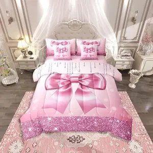 Feelyou 7-Piece Microfiber Soft Bedding Set - Blush Pink Romantic Bow Comforter Set with Sheets, Floral Blanket, Preppy Bed-in-A-Bag for Teen Girls (Multi-Size), Bed Comforter Set