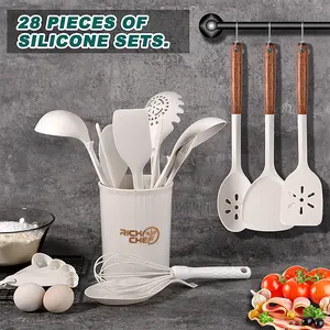 The New 28-Piece Set Of Silicone Kitchen Utensils, Silicone Cooking Tools, Soup Spoon, Pasta Spoon, Shovel, Leak Shovel, Food Clip, Rice Spoon, Oil Sweeper, Scraper, Storage Rack And Other Silicone Kitchen Utensils, Suitable For Kitchen Cooking,