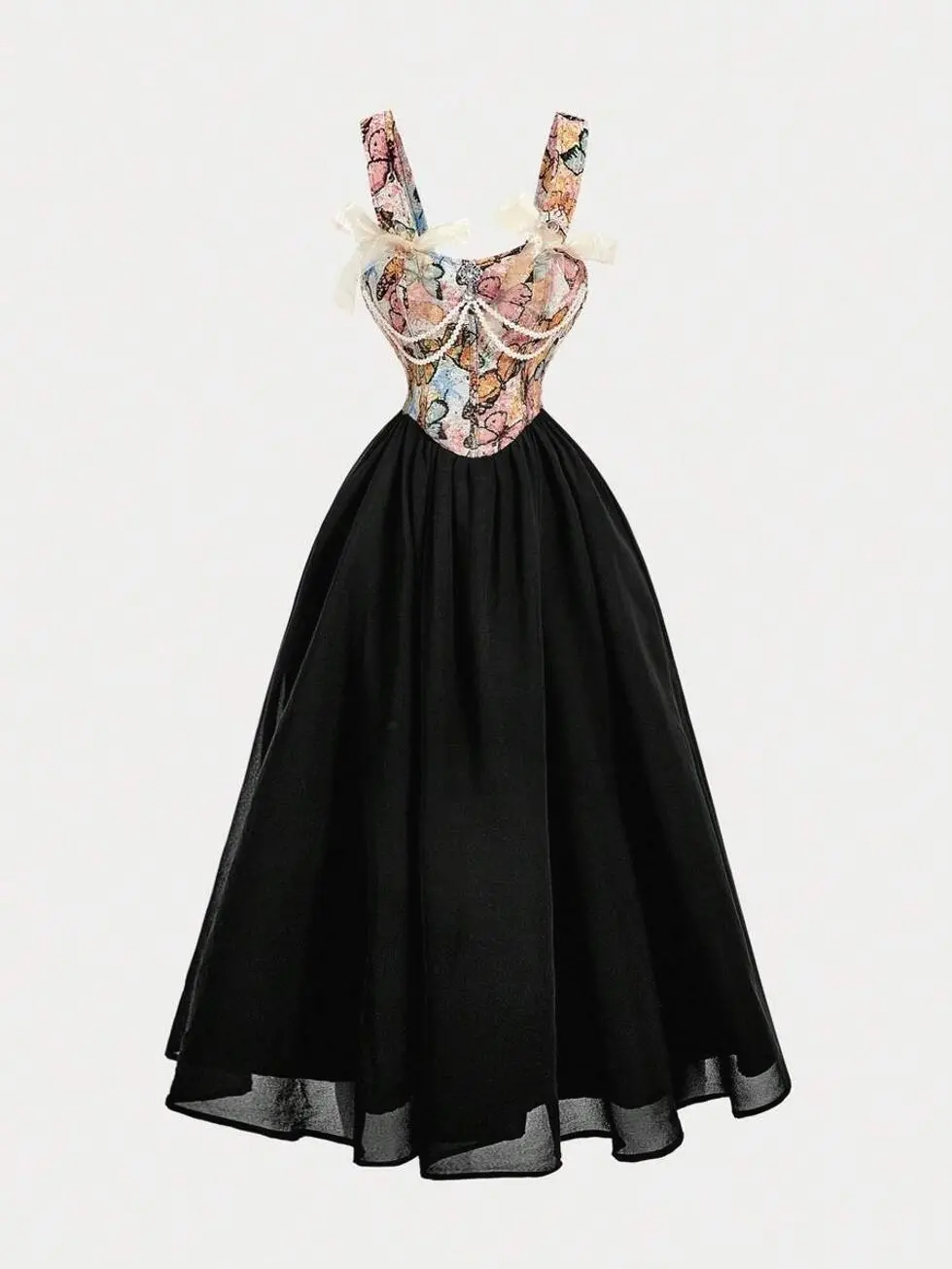 Pink Summer Cottage Core Tea Party Vintage Palace Butterfly Jacquard Patchwork Flounce Hem Dress With Bow & Pearl Chain
