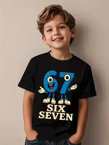 Boys Six Seven Italian Brain Rot Math Joke T-Shirt - Funny Number 67 Design with Smiling Face, Short Sleeve Round Neck Summer Top for Party & Casual Attire, Comfortable Fit, Printed Shirt, Funny Print Shirts, Graphic Print Tee