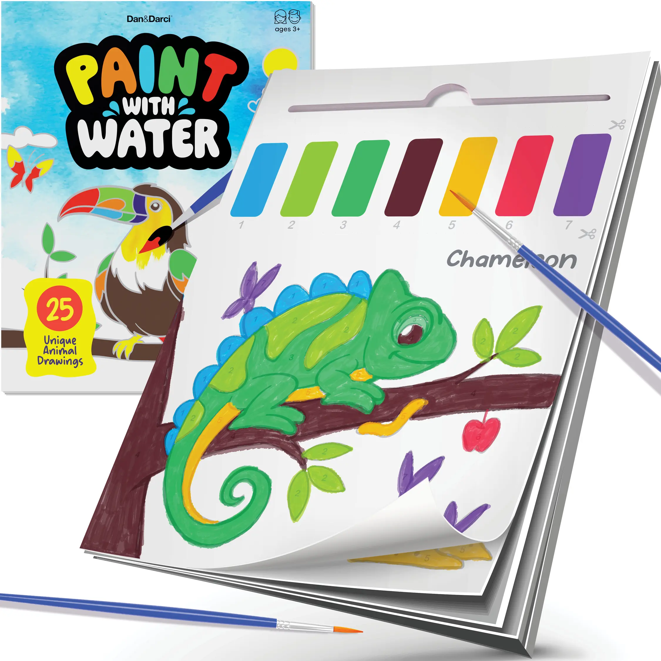 Dan&Darci Paint-With-Water Coloring Book for Kids 25 Animal Designs with Water-Activated Paint & Brush Mess-Free Fun Art Marker Set