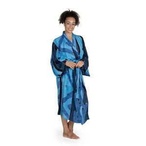 NOVICA Artisan Hand-Painted Long Kimono Patterned Robe with Pockets for Women Lightweight Loungewear from Indonesia 'Tropical Sea'
