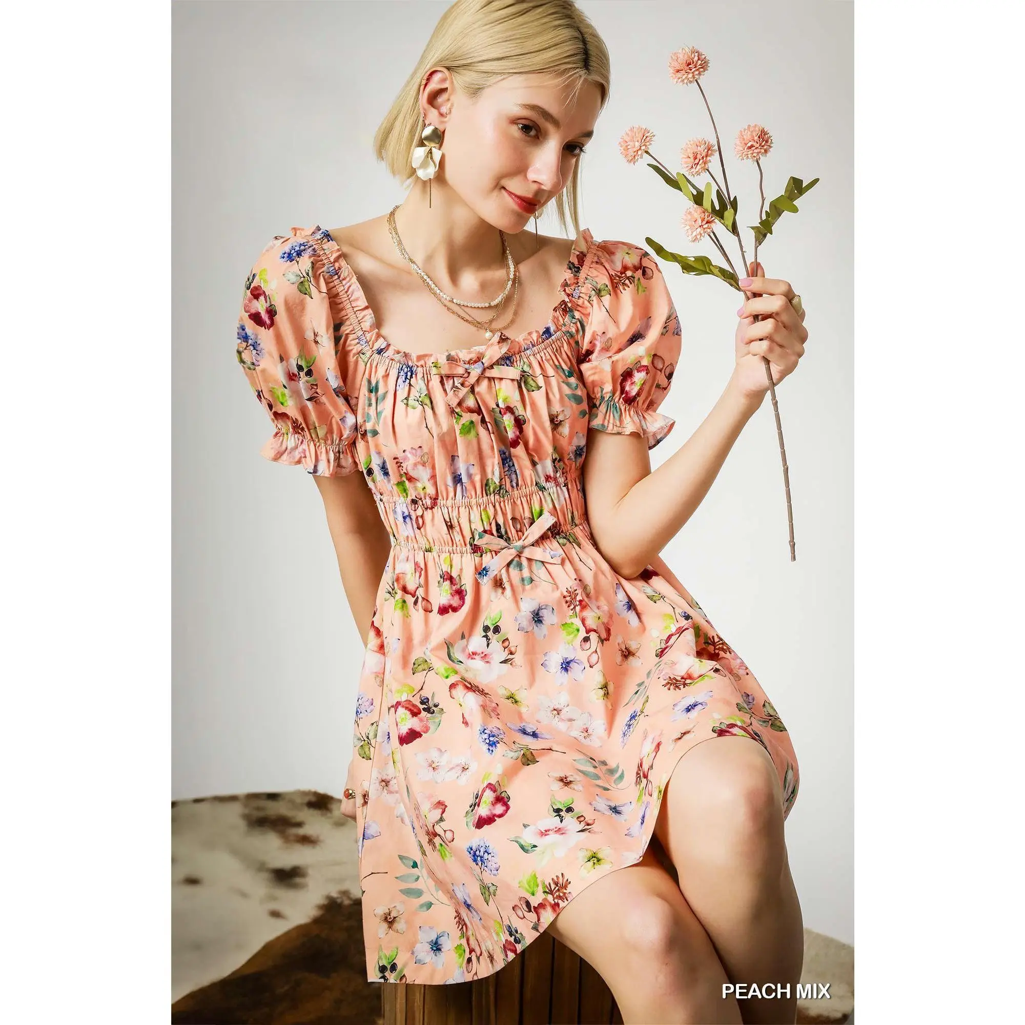 Umgee Peach Mix Floral Print Puff Sleeve Mini Dress - Soft Cotton Smocked Bodice & Elastic Fit for Summer Casual Wear