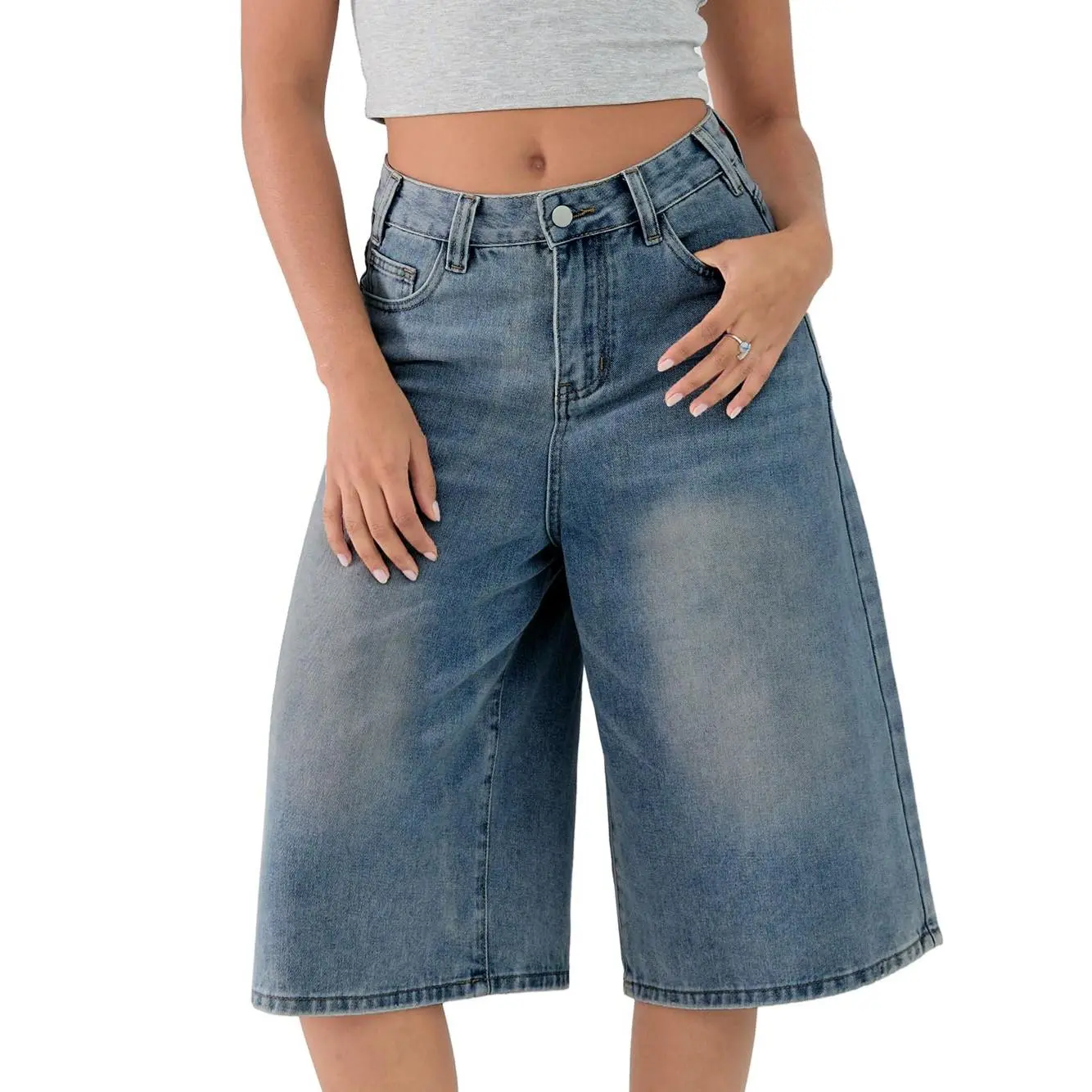 EMMIOL Machine Wash Y2K Jorts Women Wide Leg Baggy Long Jean Shorts Loose Fit Grunge Bermuda Denim Pants Summer Vibes