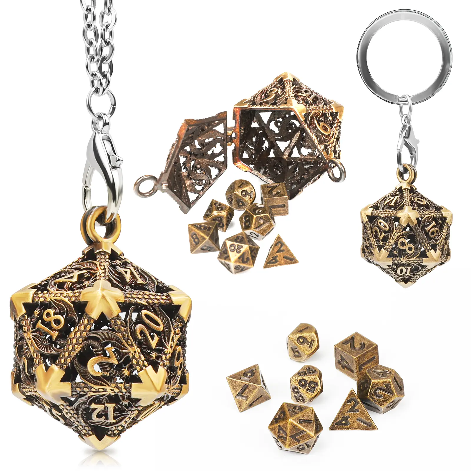 DND Metal 7 Set Mini Necklace, D20 Necklace and Keychain Portable and Dragon Eye Bag D&D Necklace