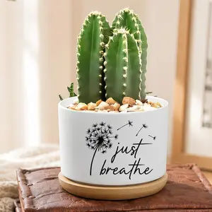 White Mini Just Breathe Dandelion Ceramic Succulent Pot with Bamboo Tray - Floral Accent Vases - Inspirational Mindfulness Gift for Women - Anxiety Relief for Yoga Lovers - Desk & Home Decor Planter