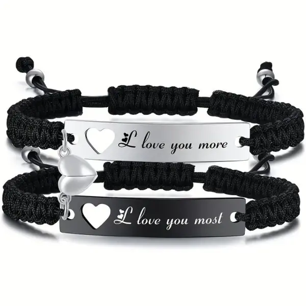 Romantic Woven Rope Bracelet Set for Couples, Adjustable Unisex Pair with Engraved 'I Love You' Message, Matching Valentine's Day Gift, Matching Sets