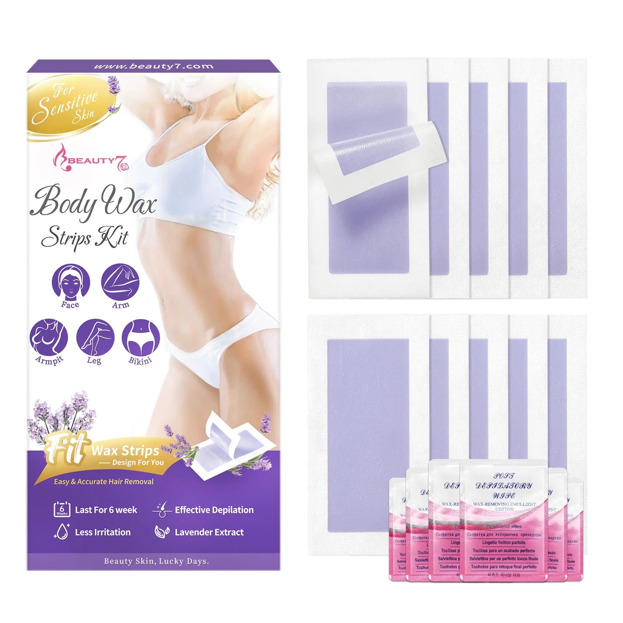 Beauty7 Silky Smooth Adhesive Wax Strips Kit - Lavender Essence Infused for Sensitive Skin, Stick & Rip Gentle Hair Removal, 20+6 Pack (20 Waxing Strips & 6 Calming Oil Wipes), Bikini Line Body Care, Adhesive Waxing, Double-Sided, Gentle Remover, Soft Wax