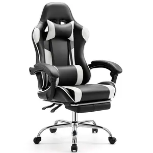 Gaming Chair Desk Chair - with Footrest and Lumbar Support, PU Leather Recliner with Headrest, Fixed Up Armrest, Height Adjustable with 360° Swivel
