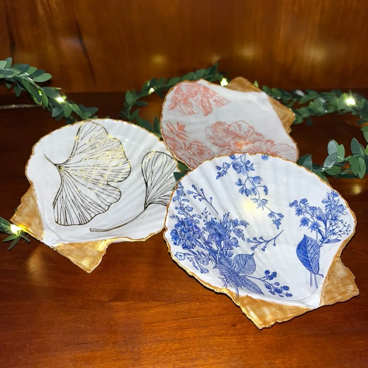Hand Painted Floral Seashell Ring Dish with Gold Trim for Bridal gift, Bridesmaid gift, Wedding favors, and Flower home decor