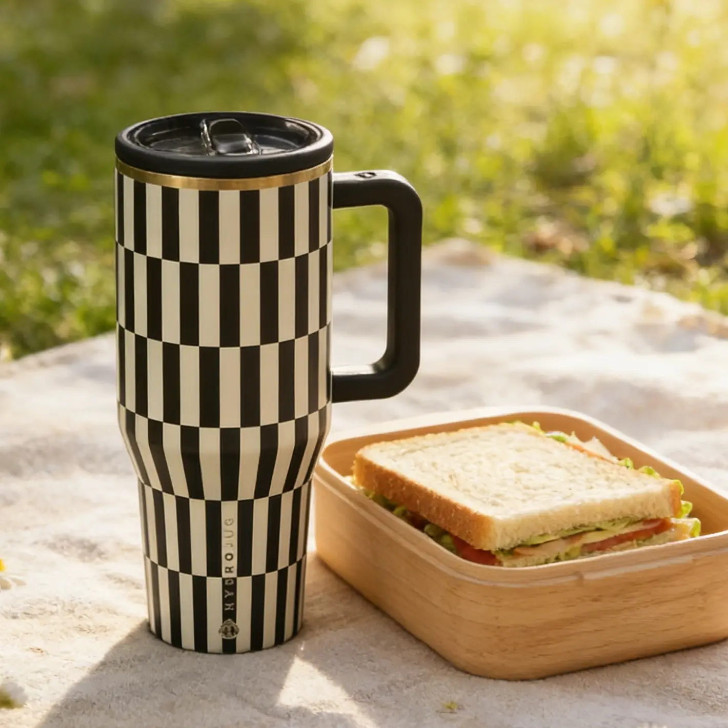 Hydrojug 40oz Black & White Checkerboard Portable Insulated Vacuum Flask - Leakproof Tumbler Mug Vacuum Flasks, Easy-Clean, Stylish, Durable, Above 2000ml Large Capacity Retro Modern Travel Mug with Straw for Commute, Gifting