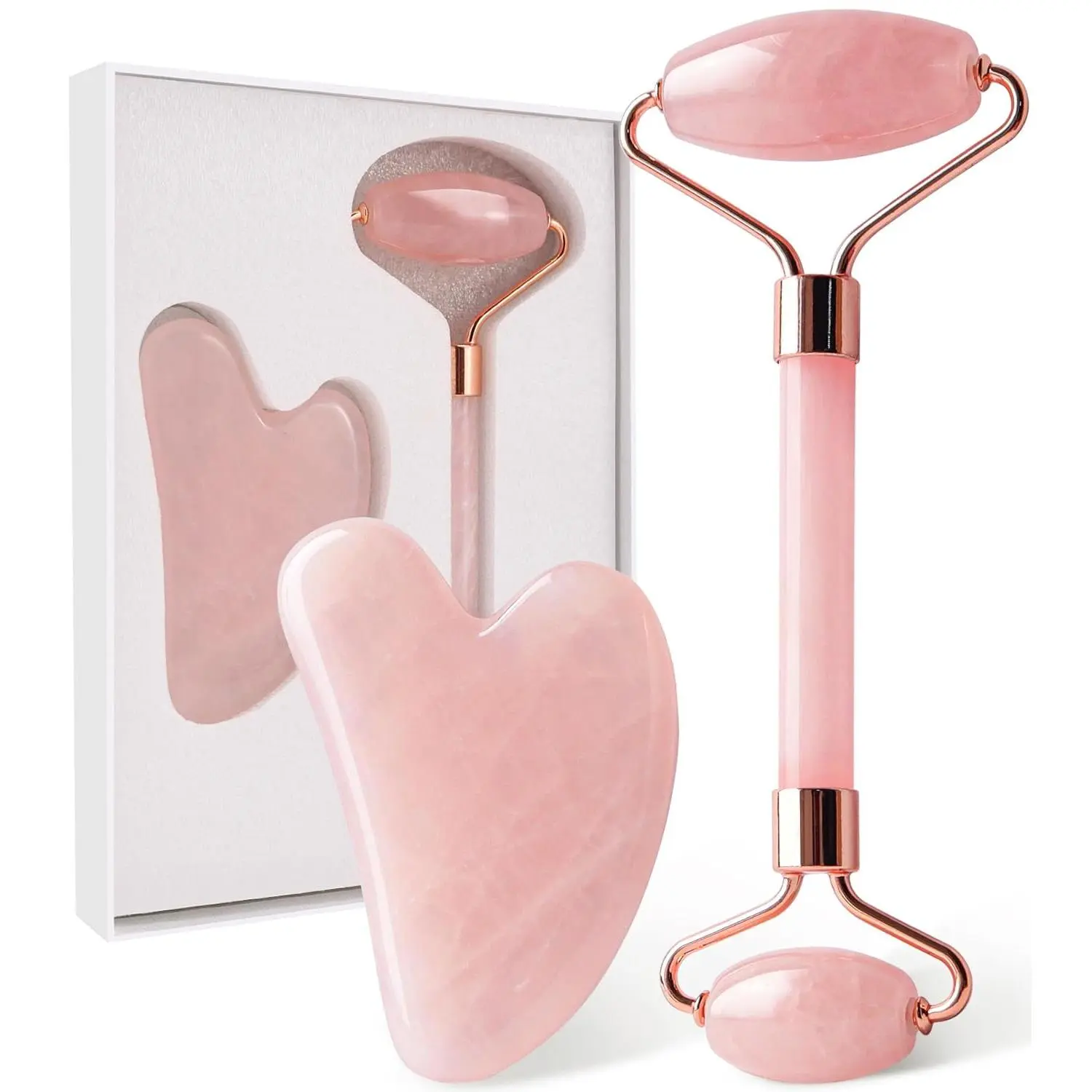 Rose Quartz Crystal Roller + Stone Facial Tools Set, Lymph Drainage Massage Tool for Self-Care, Muscle Tension Relief, Skin Care Gift for Women, Wife, Gentle