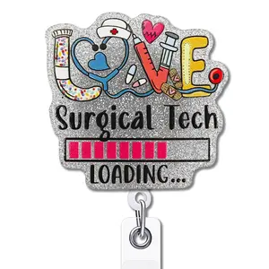 Nurse Retractable Badge Reel, 1 Count Surgical Technology Loading ID Card Badge Holder with Clip, Fun Glitter Badge Reel for Gifts for Nurse Physician Assistant Students